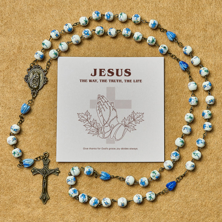 Immaculate Heart of Mary & Crucifix of 8 mm Round Blue Floral Acrylic Alloy Chain Rosary - Thanksgiving Day - image 0