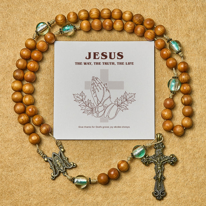 Classic Thuja Brown Wooden Rosary with Bright Green Beads & Our Lady - Thanksgiving Day - image 0
