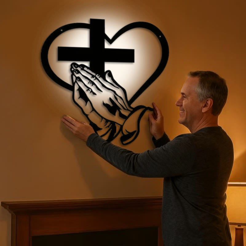 Christianartworkshop Modern Spiritual Praying Hands Heart Cross Black Metal Wall Decor - image 1