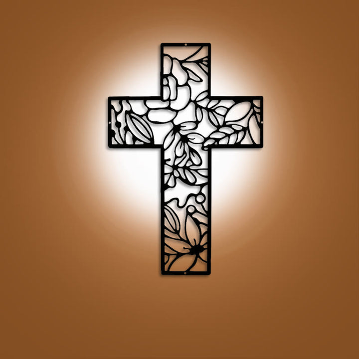Christianartworkshop Contemporary Floral Cross Black Metal Wall Decor - Black - 13''*19.69''/33*50cm - image 0