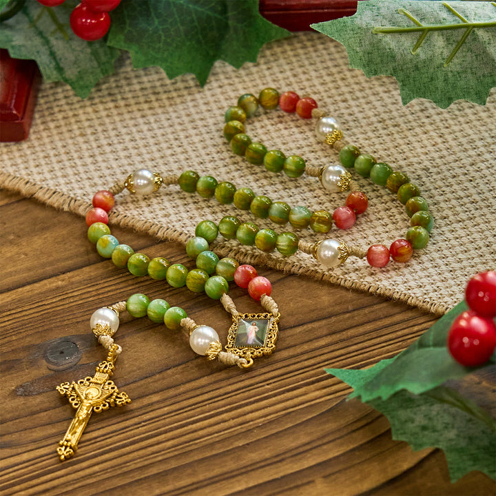 Christianartworkshop Handcrafted Christmas Blessings Divine Mercy Rosary with Red Green Beads and Bronze Crucifix - image 3
