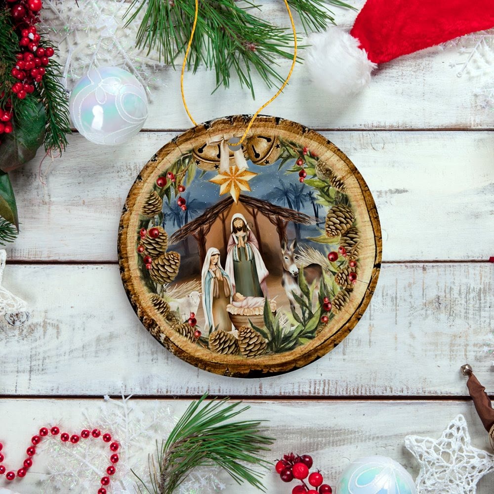 Christianartworkshop Rustic Style Nativity Scene with Bells & Star Hanging Ornaments - image 1