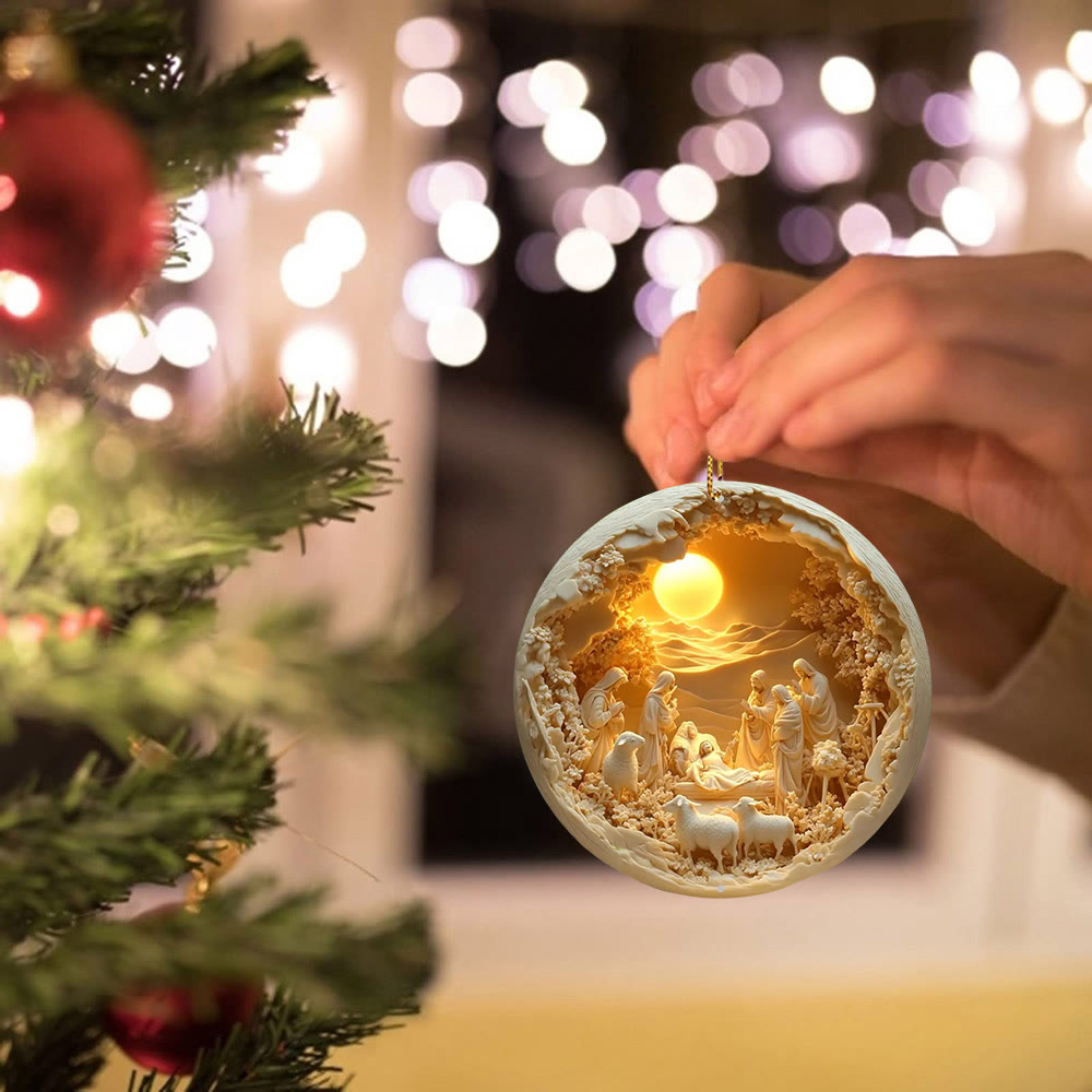 Christianartworkshop Cozy Cream Nativity Scene with Sheep Christmas Hanging Ornaments - image 1