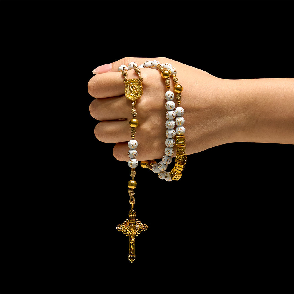 Ivory Golden Cross Beads Prayer Rosary with St. Michael & Personalized JESUS Letter - image 1