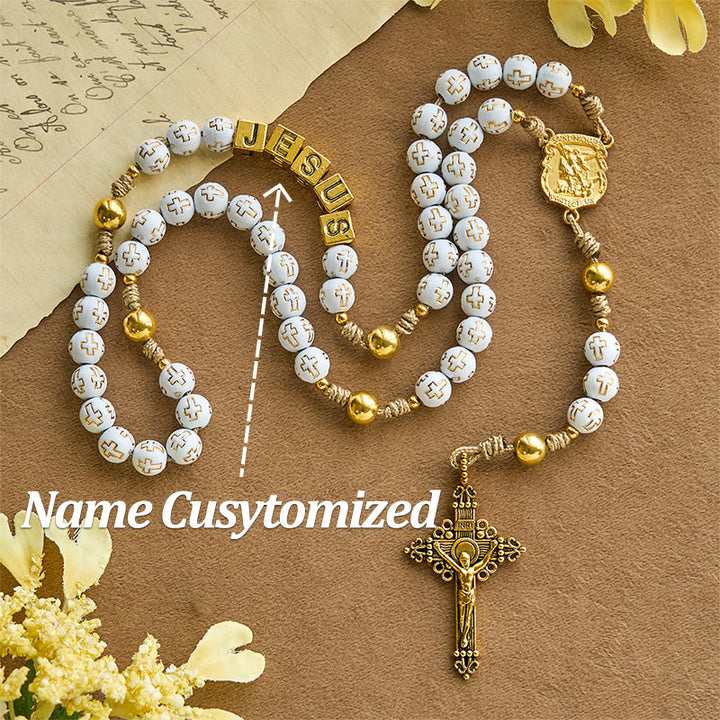 Ivory Golden Cross Beads Prayer Rosary with St. Michael & Personalized JESUS Letter - Name Customized - image 9