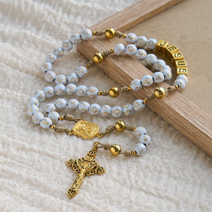 Ivory Golden Cross Beads Prayer Rosary with St. Michael & Personalized JESUS Letter - image 3