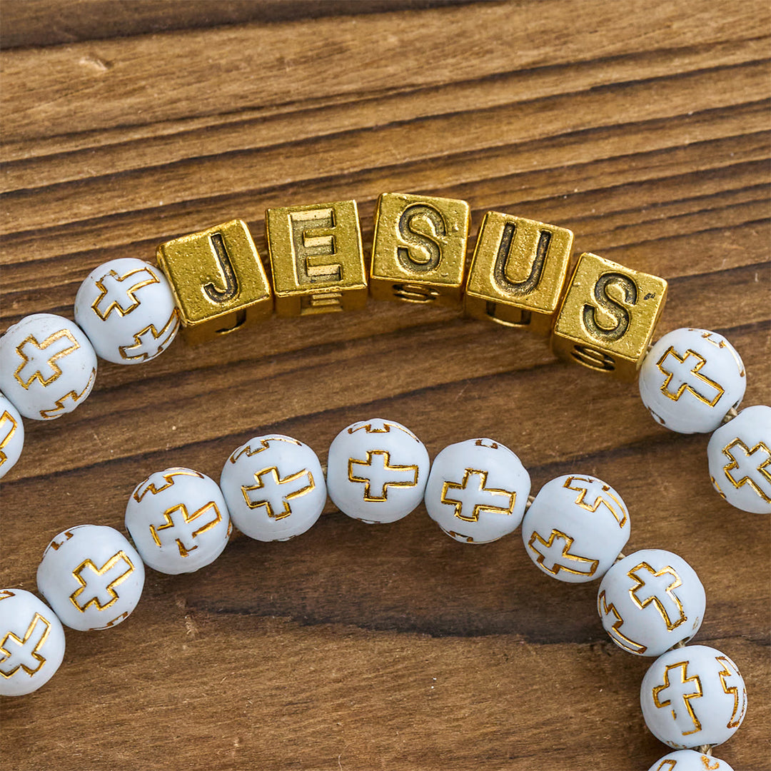 Ivory Golden Cross Beads Prayer Rosary with St. Michael & Personalized JESUS Letter - image 8