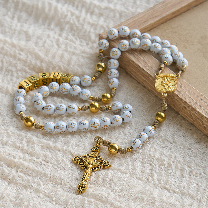 Christianartworkshop Ivory Golden Cross Beads Prayer Rosary with St. Michael & Personalized JESUS Letter - image 5