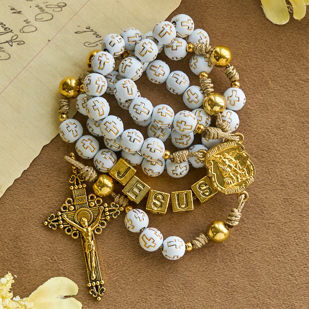 Christianartworkshop Ivory Golden Cross Beads Prayer Rosary with St. Michael & Personalized JESUS Letter - image 6