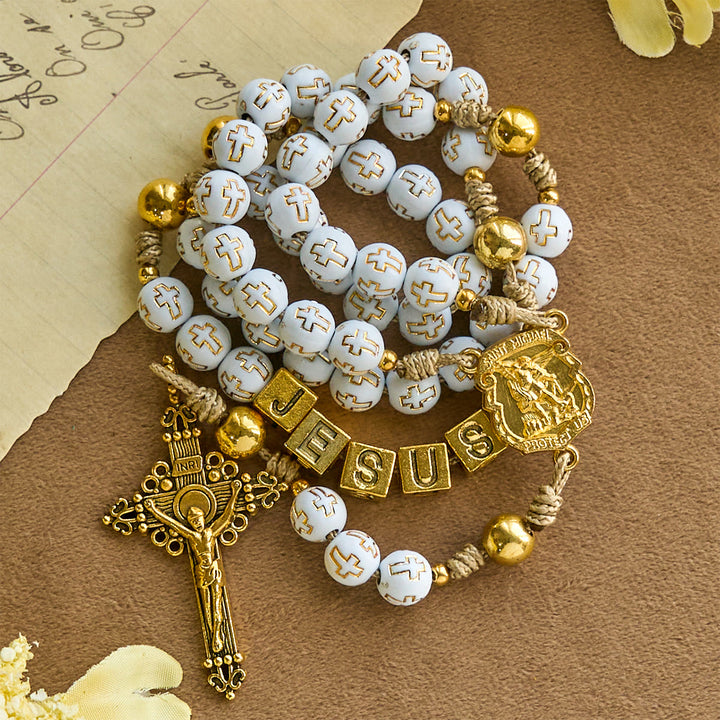 Christianartworkshop Ivory Golden Cross Beads Prayer Rosary with St. Michael & Personalized JESUS Letter - image 6
