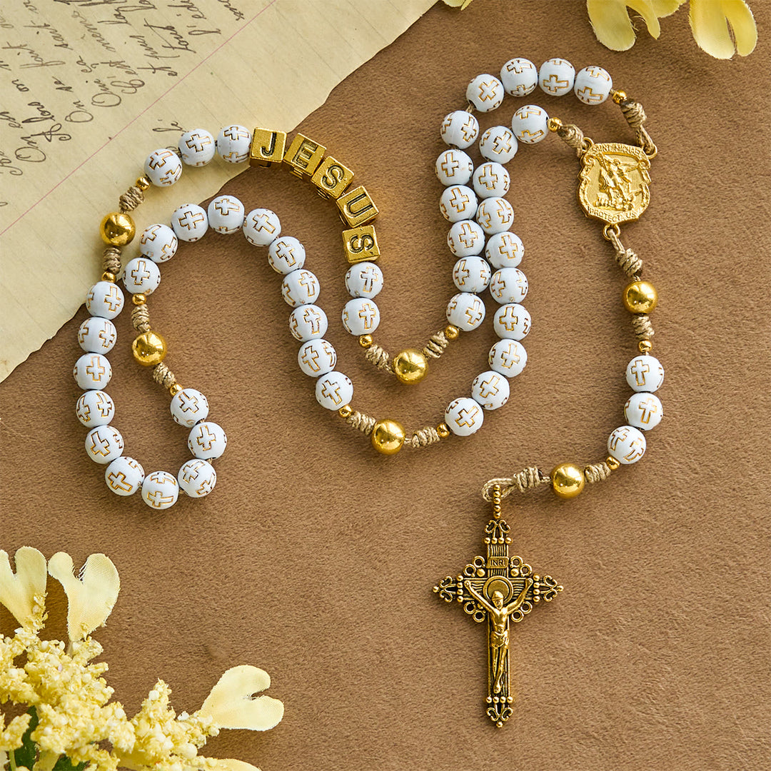 Ivory Golden Cross Beads Prayer Rosary with St. Michael & Personalized JESUS Letter - JESUS (No Custom) - image 0