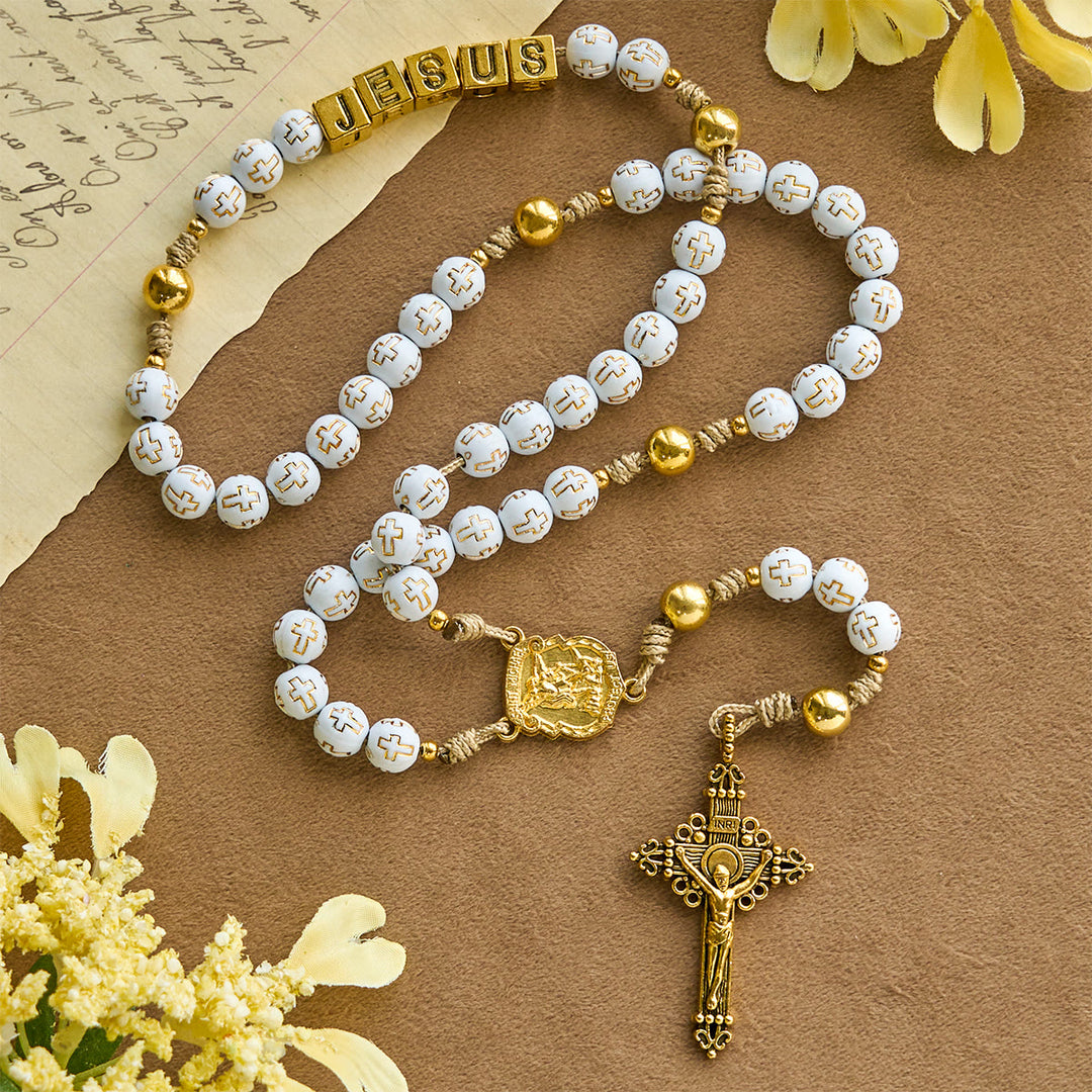 Ivory Golden Cross Beads Prayer Rosary with St. Michael & Personalized JESUS Letter - image 2