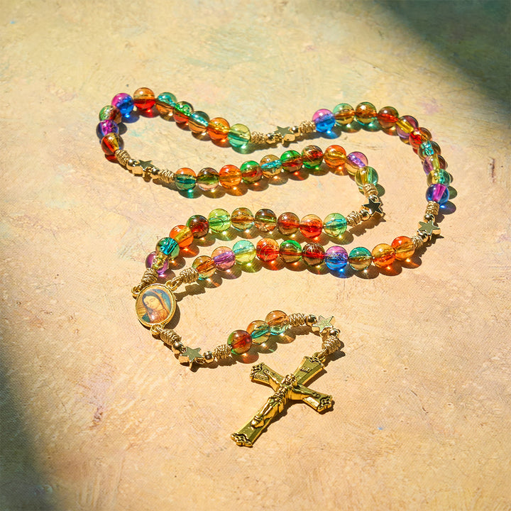 Festive Joy Colorful Clear Beads and Star Accents Christmas Rosary: Follow the Holy Light - image 6