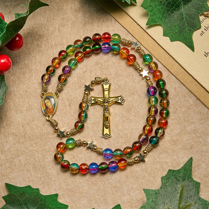 Festive Joy Colorful Clear Beads and Star Accents Christmas Rosary: Follow the Holy Light - Christmas Rosary - image 0