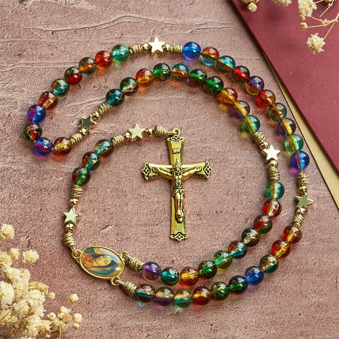 Festive Joy Colorful Clear Beads and Star Accents Christmas Rosary: Follow the Holy Light - image 2