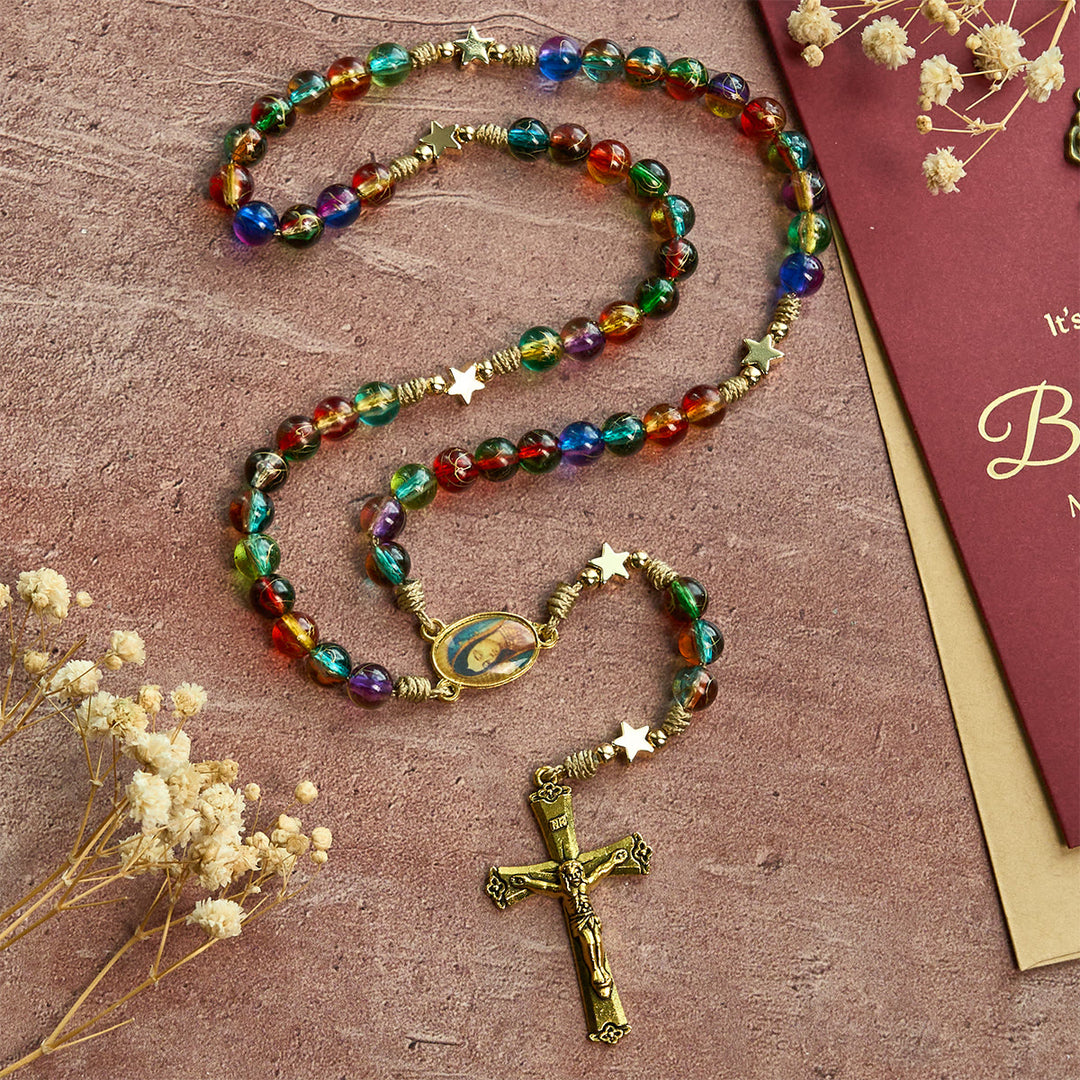 Festive Joy Colorful Clear Beads and Star Accents Christmas Rosary: Follow the Holy Light - image 3