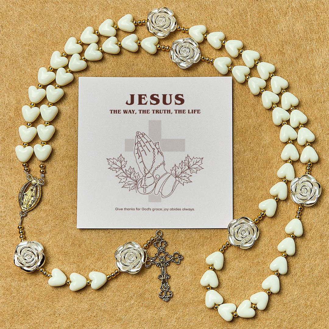 Christianartworkshop Thanksgiving Gift: 10mm Luminous Heart and White Rose Rosary: Mary's Gentle Protection - Rosary with Gift Card - image 0