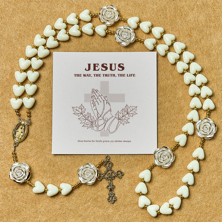 Christianartworkshop Thanksgiving Gift: 10mm Luminous Heart and White Rose Rosary: Mary's Gentle Protection - Rosary with Gift Card - image 0