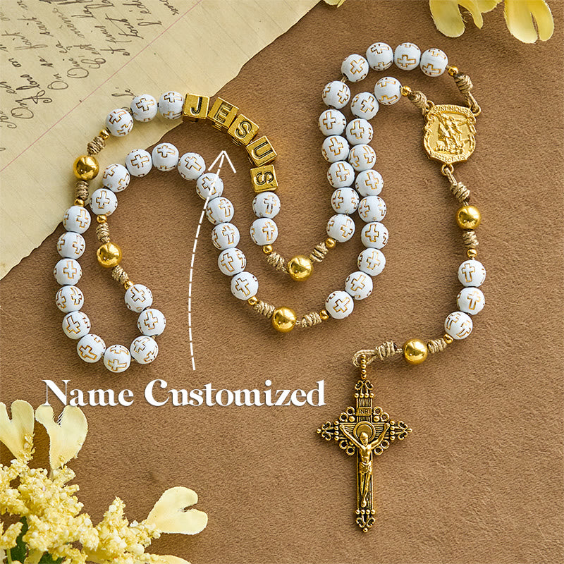 Christianartworkshop Ivory Golden Cross Beads Prayer Rosary with St. Michael & Personalized JESUS Letter - Name Customized(All in capitals) - image 1