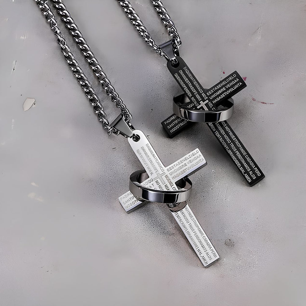 Christianartworkshop Lord's Prayer with Spinner Ring Cross Pendant Necklace: Bold Style Sacred Meaning - Black - image 1