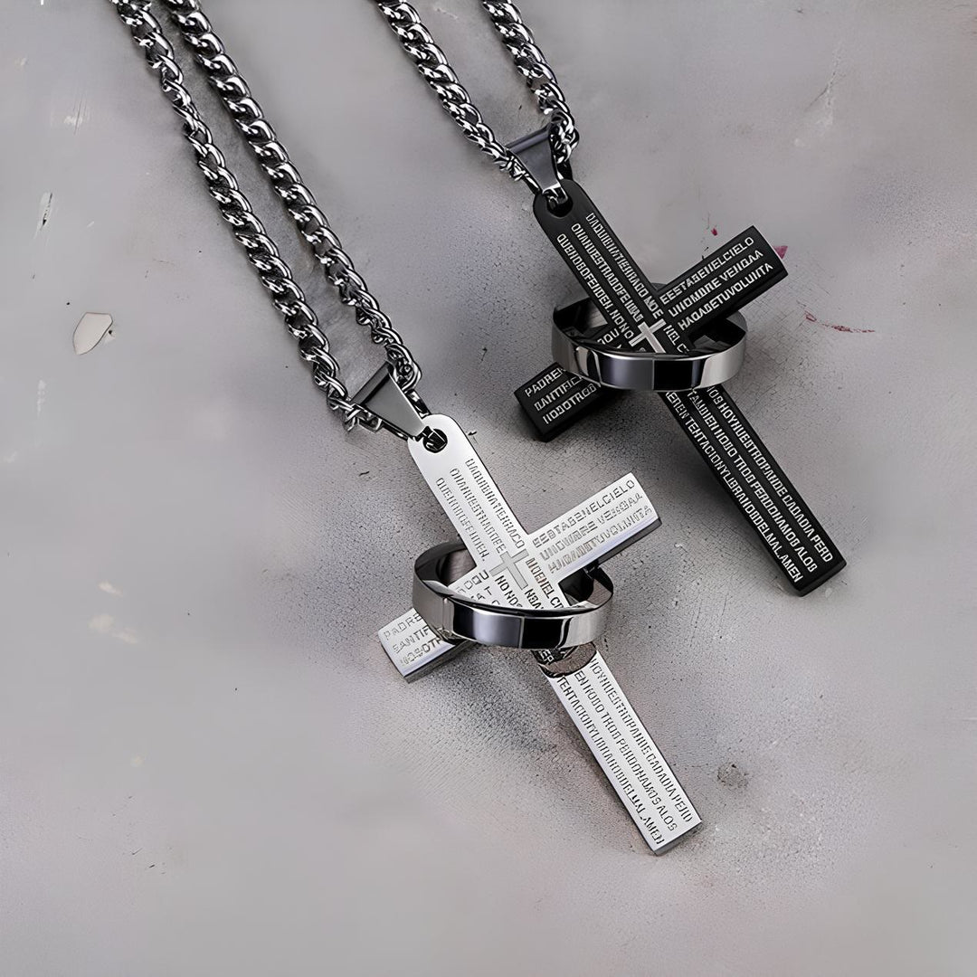 Christianartworkshop Lord's Prayer with Spinner Ring Cross Pendant Necklace: Bold Style Sacred Meaning - Black - image 1