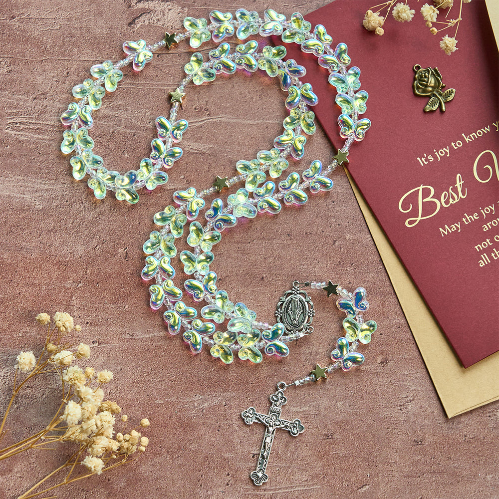 Christianartworkshop Starry Sky Shimmering Green Butterfly with Miraculous Medal Animal Rosary - image 1