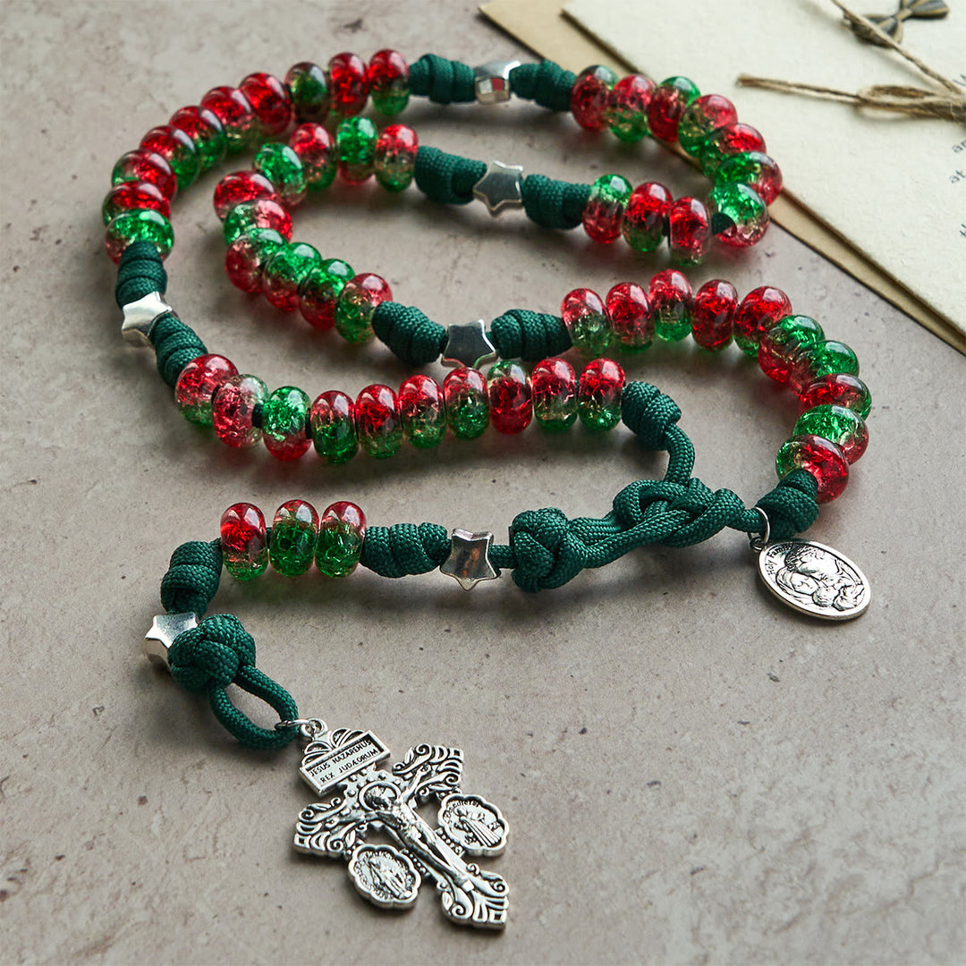 Christianartworkshop Holy Family Blessing Christmas Paracord Rosary with Glossy Red Green Beads - image 5