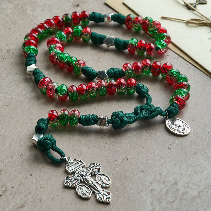 Christianartworkshop Holy Family Blessing Christmas Paracord Rosary with Glossy Red Green Beads - image 5