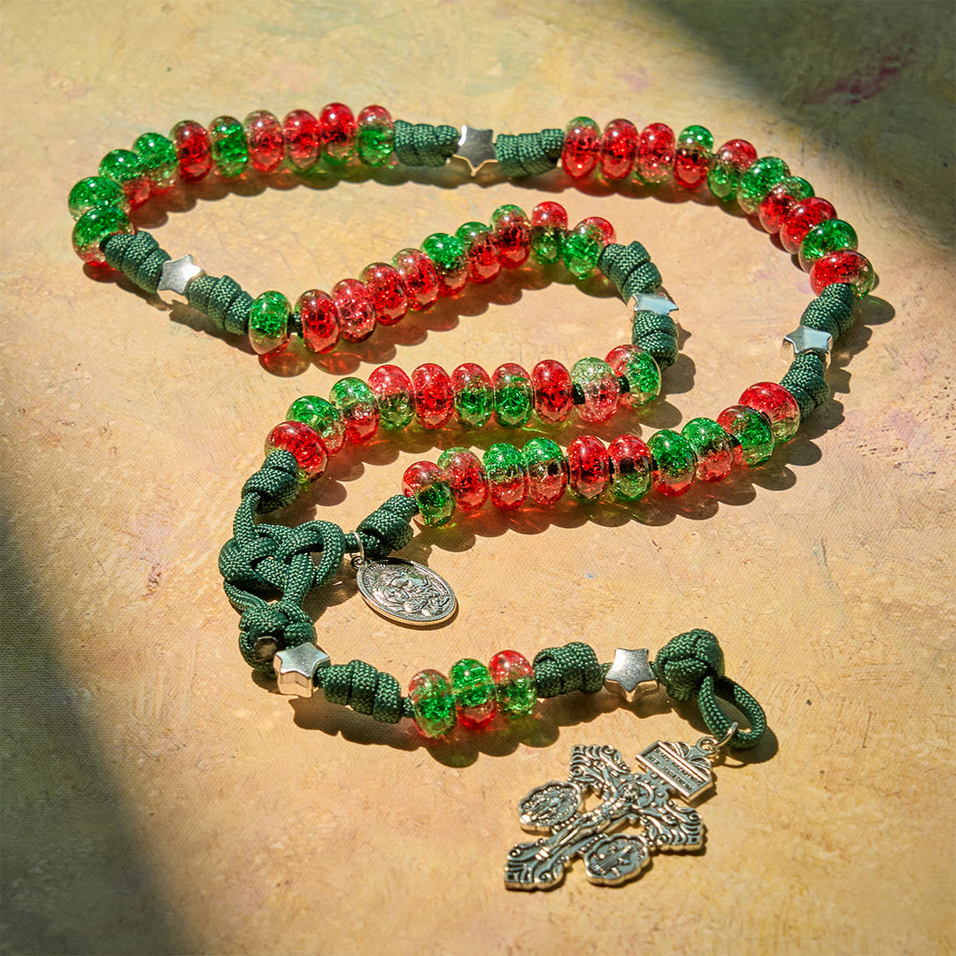Christianartworkshop Holy Family Blessing Christmas Paracord Rosary with Glossy Red Green Beads - image 8