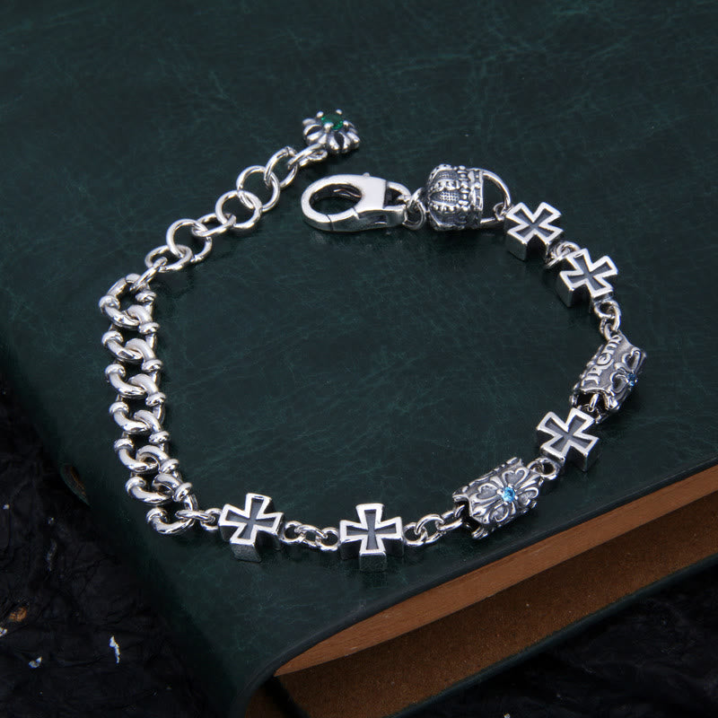 Christianartworkshop Classic 925 Sterling Silver Cross Bracelet with Gothic Floral Beads - Wrist Circumference: 6.69''-7.87''/17cm-20cm - image 0