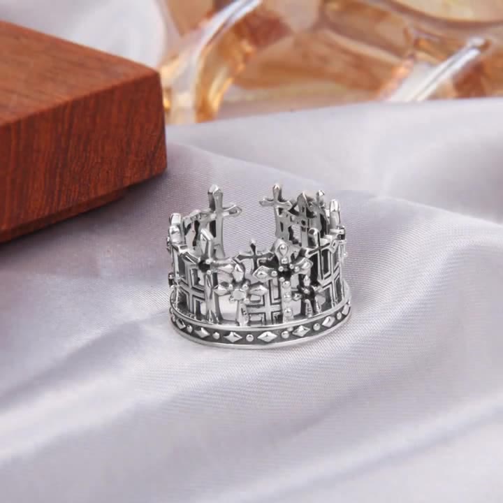 Christianartworkshop 925 Sterling Gothic Lattice Cross Crown Ring with Church Motifs - Suitable for US sizes 6-8 - image 0