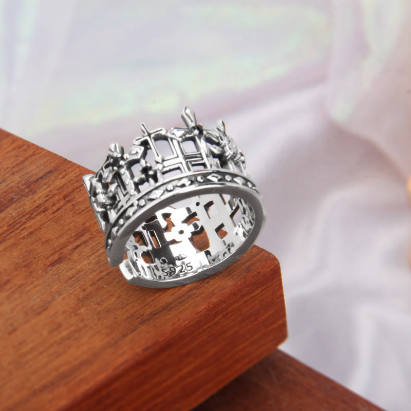 Christianartworkshop 925 Sterling Gothic Lattice Cross Crown Ring with Church Motifs - image 1