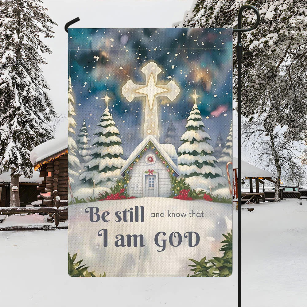 Christianartworkshop Winter Snow Scene Church Garden Flag - Be Still and Know That I Am God - image 3