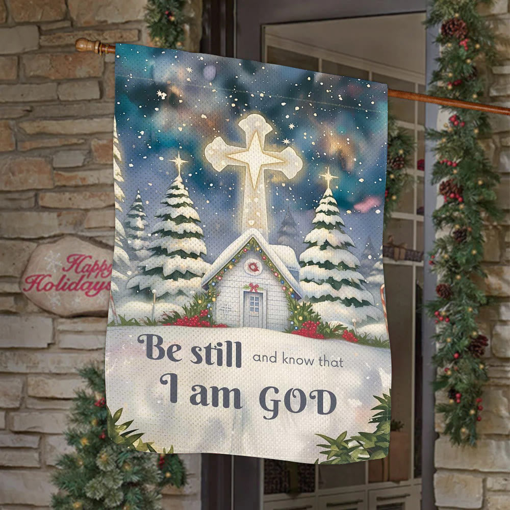Christianartworkshop Winter Snow Scene Church Garden Flag - Be Still and Know That I Am God - image 2