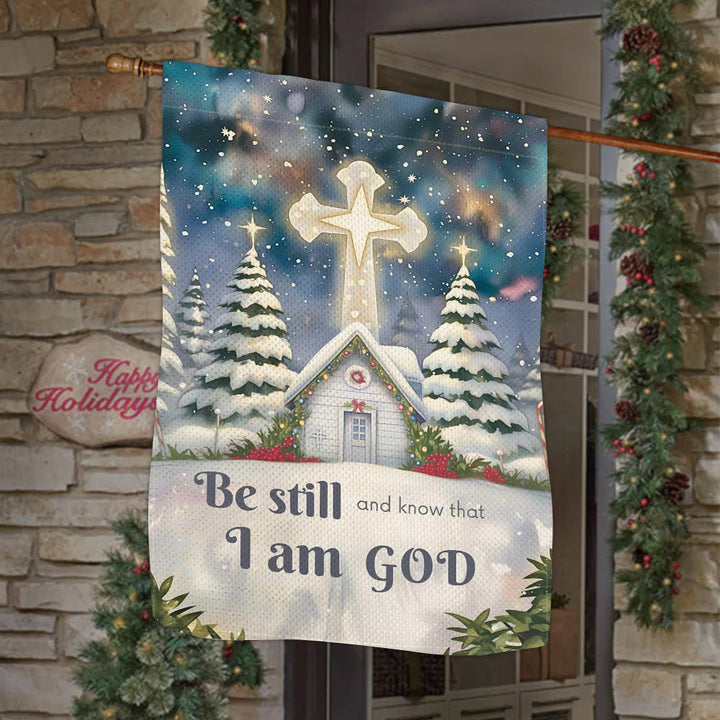 Christianartworkshop Winter Snow Scene Church Garden Flag - Be Still and Know That I Am God - image 2