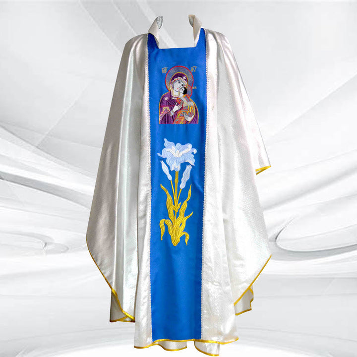 Christianartworkshop Traditional Liturgical Chasuble in Vibrant Colors & Religious Motifs - White & Blue - One Size FIts Most - image 0