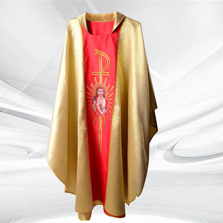 Christianartworkshop Traditional Liturgical Chasuble in Vibrant Colors & Religious Motifs - Golden & Red - One Size FIts Most - image 1