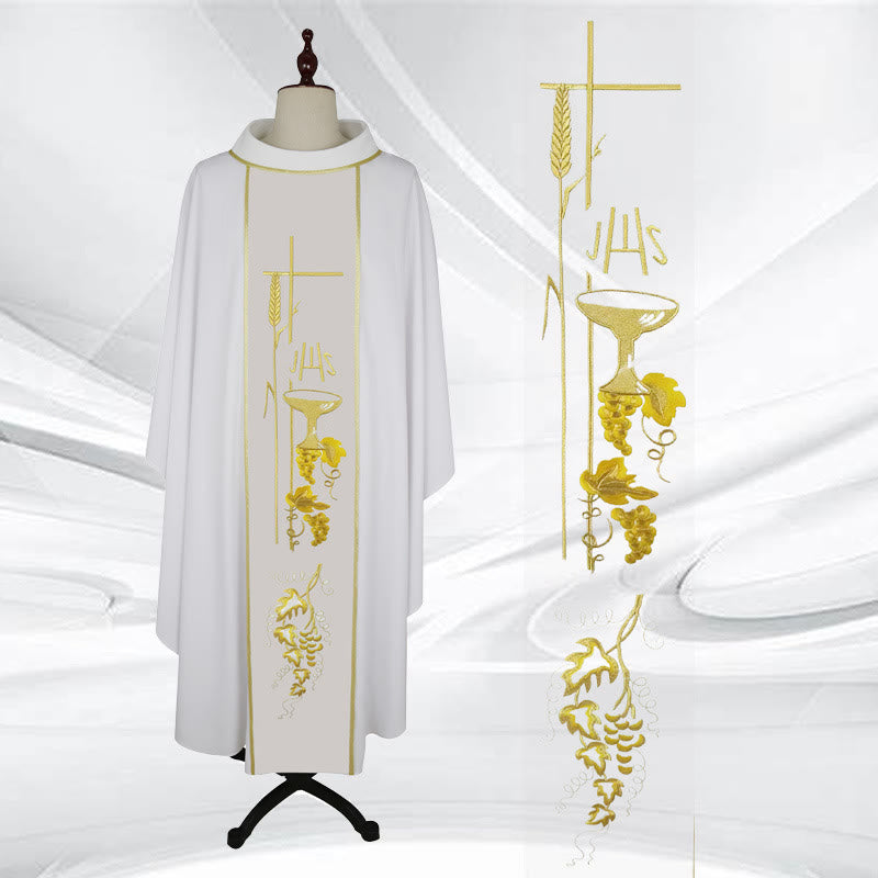 Christianartworkshop Multi - Colored Chasuble With Cross, Chalice & Wheat - Grape Motifs - White - One Size FIts Most - image 2
