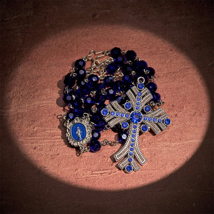 Christianartworkshop Miraculous Medal & Cross of 8 mm Polyhedron Blue Crystal Alloy Chain Rosary - image 2