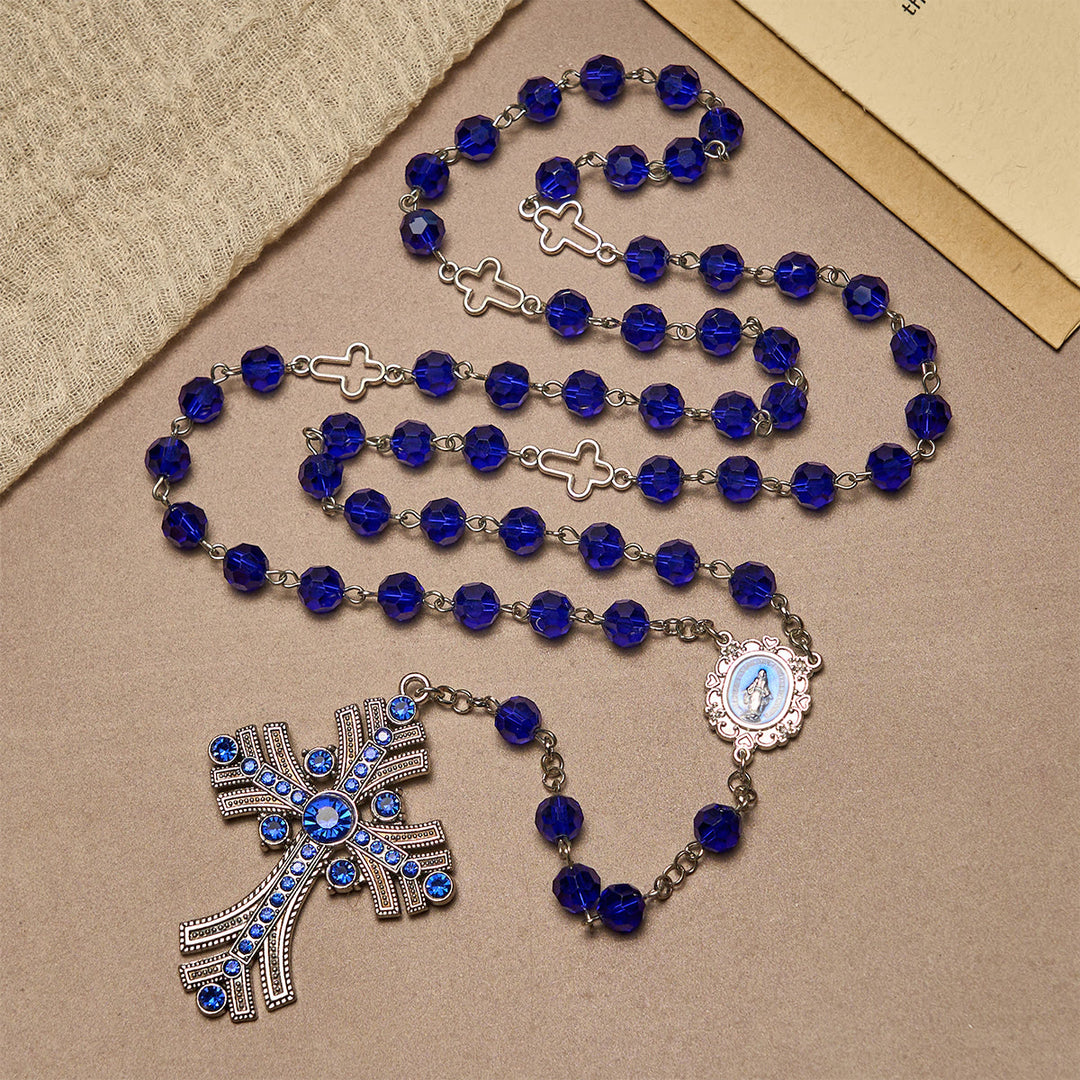 Christianartworkshop Miraculous Medal & Cross of 8 mm Polyhedron Blue Crystal Alloy Chain Rosary - image 5