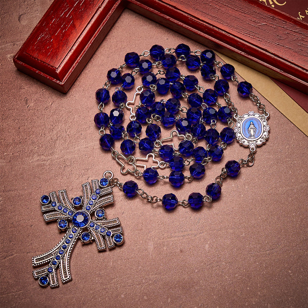 Christianartworkshop Miraculous Medal & Cross of 8 mm Polyhedron Blue Crystal Alloy Chain Rosary - image 3