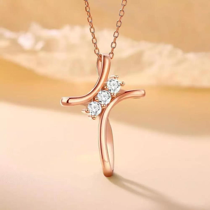 Christianartworkshop Three - Colored Delicate Curved Cross Necklace with Zircons Accents - Rose Gold - image 4