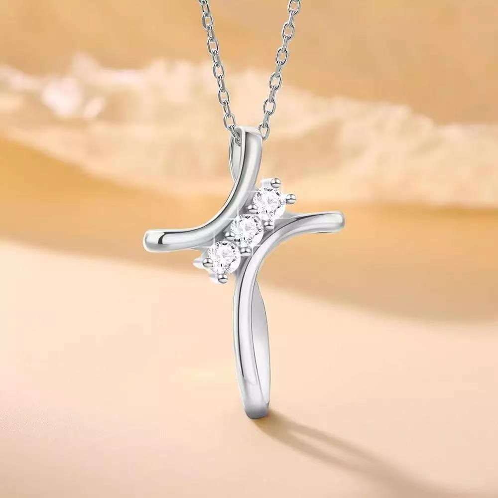 Christianartworkshop Three - Colored Delicate Curved Cross Necklace with Zircons Accents - Silver - image 0