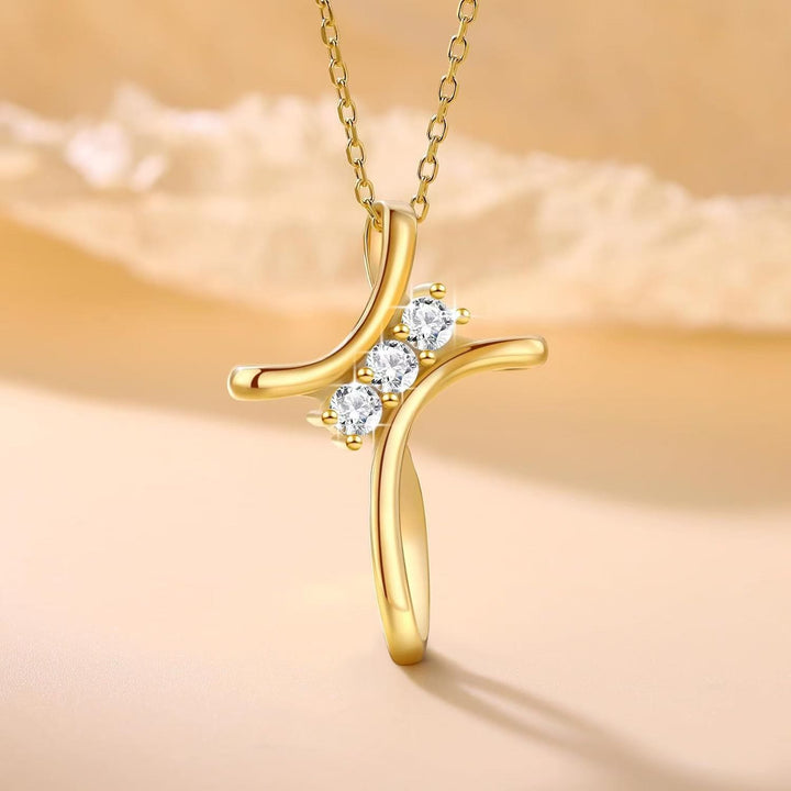 Christianartworkshop Three - Colored Delicate Curved Cross Necklace with Zircons Accents - Golden - image 2