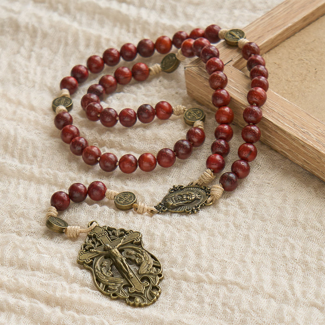 Traditional Earth-Red Beads Rosary with Antique Our Lady & St. Benedict: Guarded by Grace - image 4