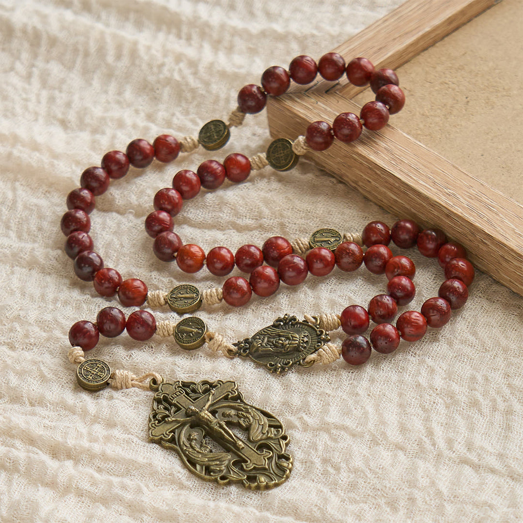 Traditional Earth-Red Beads Rosary with Antique Our Lady & St. Benedict: Guarded by Grace - image 5