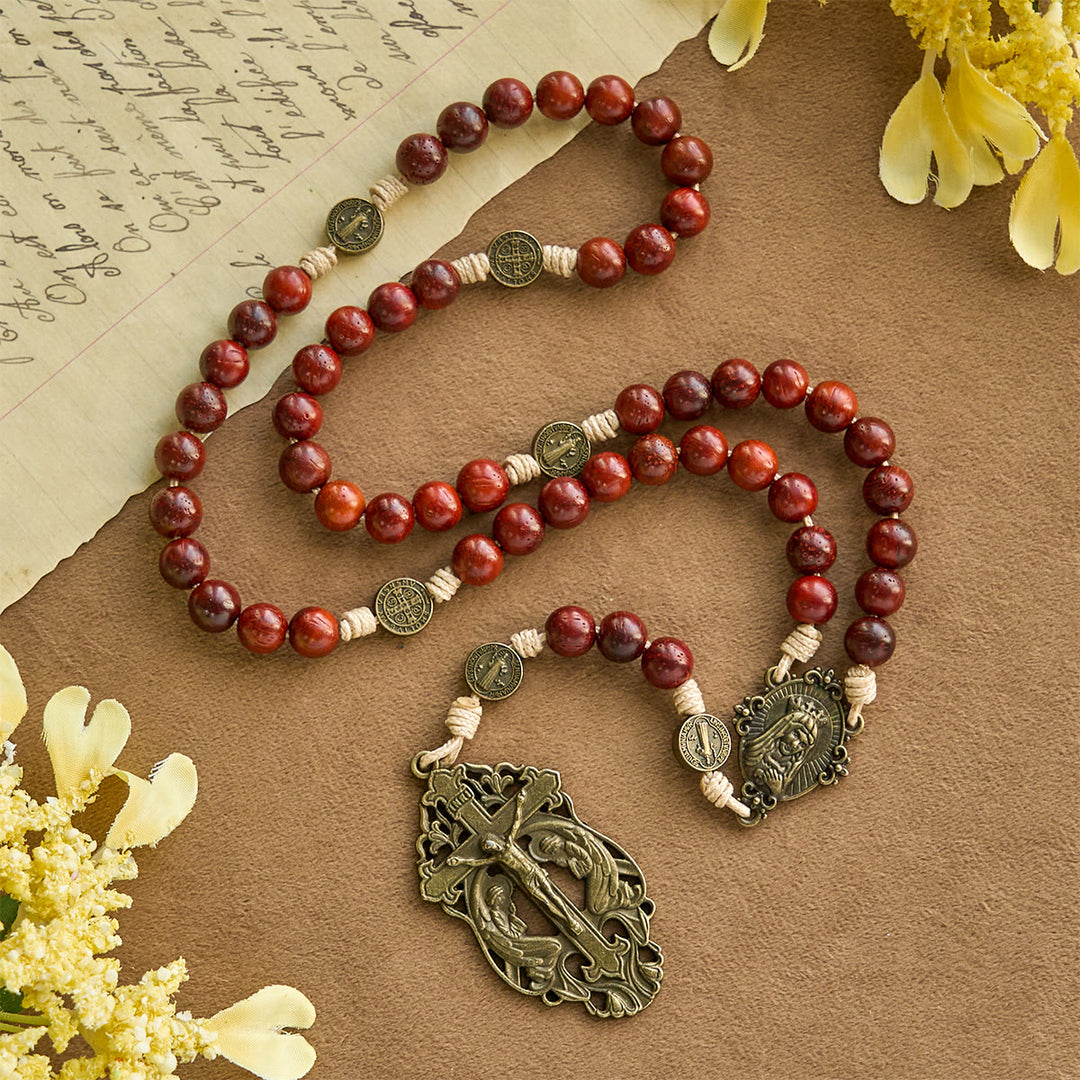 Traditional Earth-Red Beads Rosary with Antique Our Lady & St. Benedict: Guarded by Grace - image 3