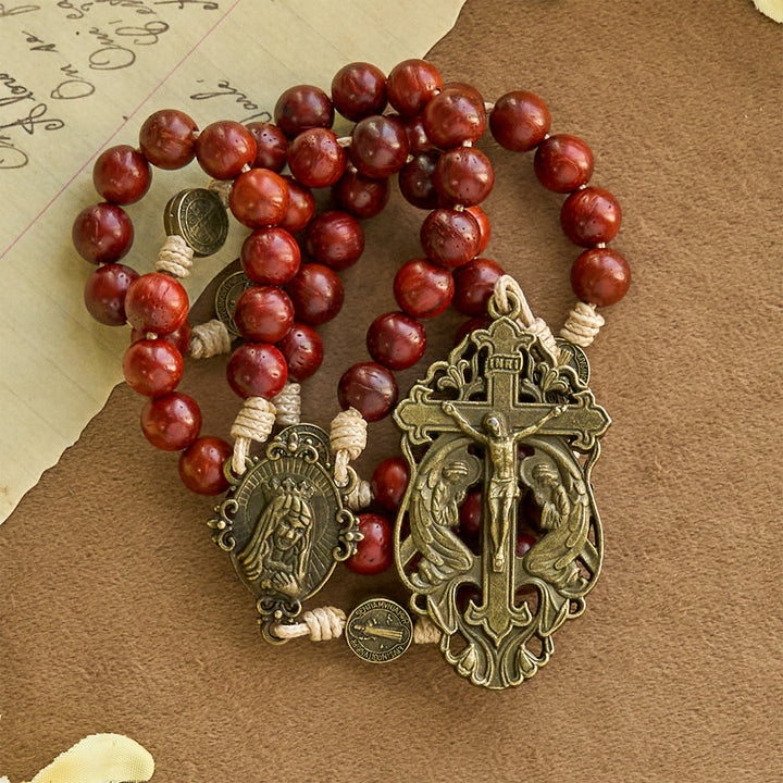 Traditional Earth-Red Beads Rosary with Antique Our Lady & St. Benedict: Guarded by Grace - image 2