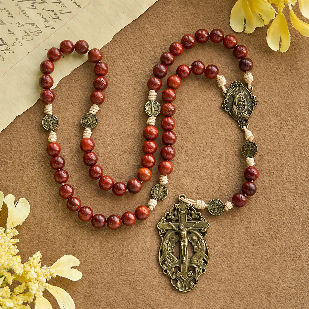 Traditional Earth-Red Beads Rosary with Antique Our Lady & St. Benedict: Guarded by Grace - Traditional Rosary - image 0