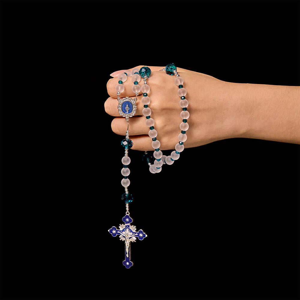 Christianartworkshop Ocean-Blue Style Frosted White Glass Rosary with Crucifix and Miraculous Medal - image 1